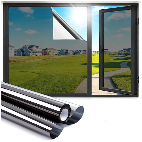 Einseitig durchsichtige Sichtschutzfolie für Fenster, Fensterfolie für Zuhause mit Zubehör, statisch haftend, abnehmbar, UV-beständige, reflektierende Spiegelfolie, die vor Sonneneinstrahlung und Image
