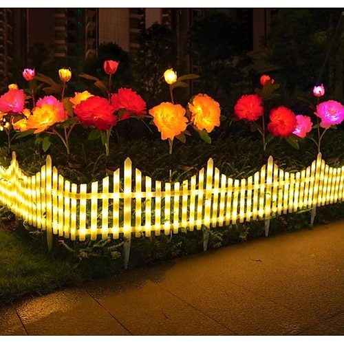 Weißer Lattenzaun mit Solarbeleuchtung für den Garten, Gartenzaun mit Solarleuchten und Fernbedienung, dekorativer Mini-Taschenzaun für kleine Blumenwege, Baumreihen, Gärten und als Haustierabsperrung