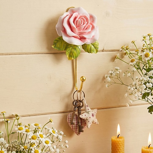 Wandhaken aus Kunstharz mit Blumenmuster, handbemalter Eisenhaken mit Blumenmuster für Wanddekoration, Schlüssel, Badezimmer, Küche, Aufbewahrung, dekorativer Haken für den Innenbereich Image