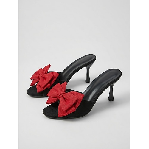 Elegante schwarze und rote Schleifensandalen für Damen – Retro-Stilettoabsätze mit übergroßer Schleife Knöchelriemen für Sommerurlaube und romantische Dates stilvolle Alltagskleidung Image