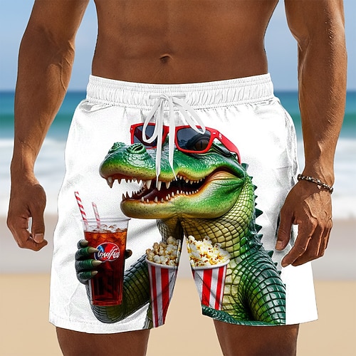 Herren Krokodil Lustig Comic-Tiere Badehosen Badeshorts Boardshorts Mittlere Taille Hawaiianisch Strandurlaub Seitentaschen Netzfutter Elastischer Kordelzug in der Taille Designer Bekleidung Image