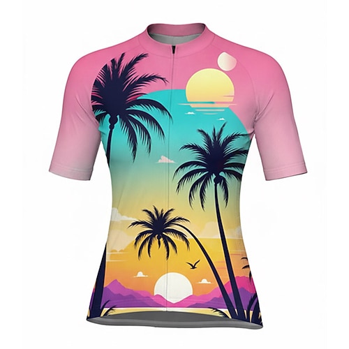 Damen Radtrikot Tropische Blumen Palme Kurzarm Fahhrad Trikot Oberteil mit 3 Gesäßtaschen Schnelltrocknend Feuchtigkeitsableitend Atmungsaktiv Sport Rosa Bekleidung Image