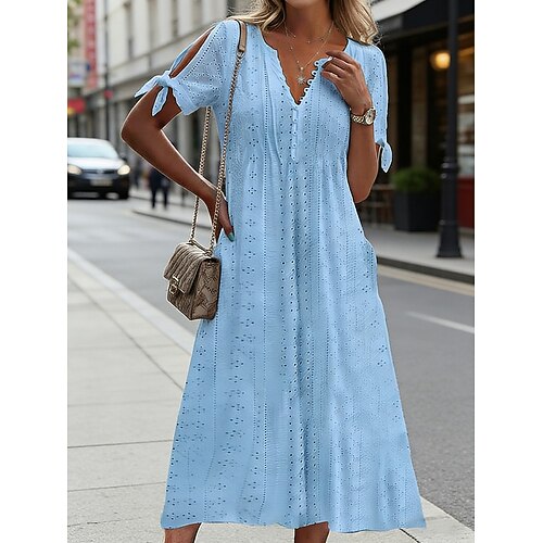 Damen Midikleid Weißes Kleid Kleid mit Lochstickerei Elegant Mode Modern Lässig Täglich Outdoor Lässiger Schnitt Einfach Kurzarm V Ausschnitt Blau Weiß Purpur Sommer Frühling