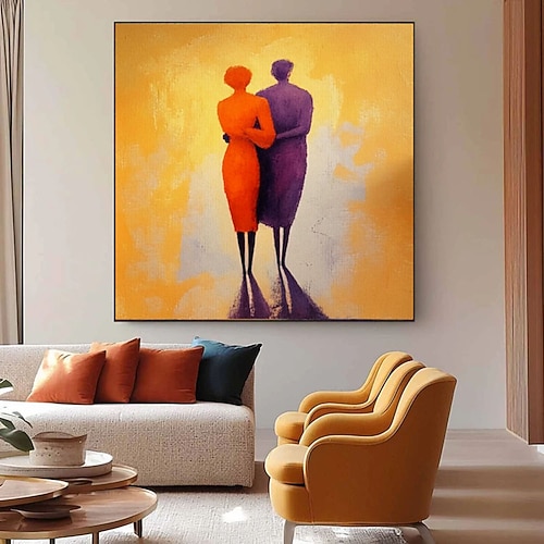 Abstraktes Gemälde mit zwei Figuren auf Leinwand, moderne Kunst, Wanddekoration, farbenfrohe Silhouetten, zeitgenössische Leinwandkunst, lebendige Wohndekoration Image