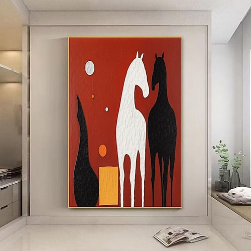 strukturierte Ölmalerei, handgemaltes Ölgemälde, Wandkunst, abstrakte schwarz-weiße Pferde, Wandkunst, Wohndekoration, luxuriöse Dekoration, Wohnzimmer Image