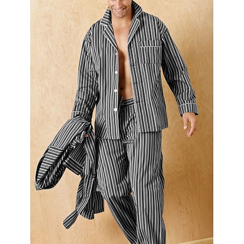 Herren Hausanzug Schlafanzüge Schlafanzug Set Pyjama-Oberteil und Hose 2 Stück Streifen Stilvoll Brautkleider schlicht Komfort Heim Täglich Polyester Komfort Kargen Langarm Hemd Hose Kordelzug Image