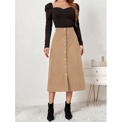 Damen Urlaubsrock Mode Lässig Midi Hohe Taille Röcke Einfach Unelastisch Täglich Straße Wein Schwarz Gelb Braun Frühling Image