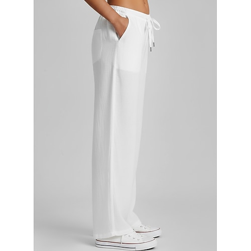 Damen-Freizeithose in Übergröße aus 100 % Baumwolle, knöchellang, hoher Bund, einfarbig, Kordelzug, weites Bein, bequem, schnelltrocknend, weich, mikroelastisch, schwarz, weiß, dunkelblau, braun, Image