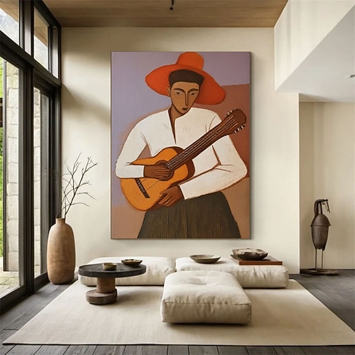 Handgemaltes abstraktes Ölgemälde mit Gitarre spielenden Figuren, abstrakte Wandkunst, modernes Musiker-Leinwandbild, Musikerporträt, Gitarrenspieler-Wandbild Image