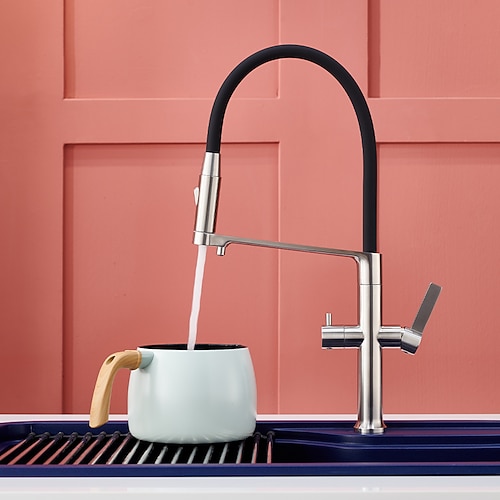 Küchenarmatur aus gebürstetem Nickel, 3-in-1-Funktion mit Trinkwasserauslauf, 2-Griff-Küchenarmatur mit Ausziehbrause, magnetischer Halterung für Wasserfiltersysteme oder Topffüller Image