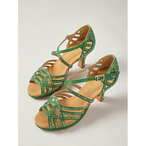 Grüne, mit Strass besetzte Latein-Tanzschuhe für Damen, Riemchensandalen mit hohem Absatz für Salsa, Cha-Cha-Cha und Tango Leistung Image