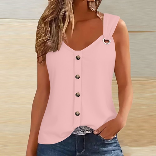 Damen T Shirt Knöpfe Einfach Klassisch Lässig Ärmellos V Ausschnitt Normale Oberteile Täglich Ausgehen Wochenende Schwarz Rosa Armeegrün Rote Himmelblau Sommer Frühling Image