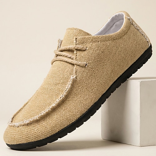 Beigefarbene, gestrickte Herren-Slipper zum Schnüren – leichte, atmungsaktive und bequeme Schuhe für Alltag, Reisen, Autofahren, Wochenend-Outfits, Freizeit im Freien und einen lässig-eleganten Stil.