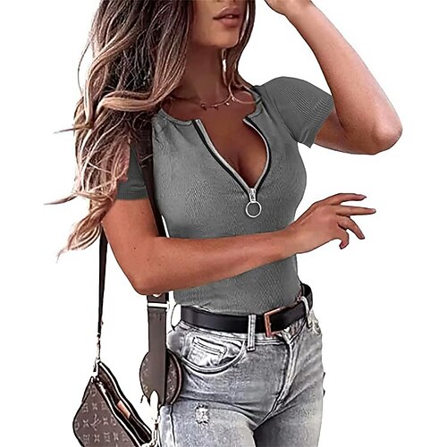 Damen T Shirt Reißverschluss Einfarbig Grafik Einfach Lässig Kurzarm V Ausschnitt Normale Oberteile Täglich Ausgehen Wochenende Schwarz Wein Rote Grau Sommer Frühling Image