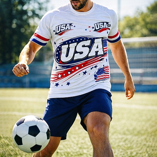 Herren Fußballtrikot Geometrisch USA Amerikanische Flagge Pullover-Oberteile Sport-T-Shirt Sommer Farbblock Kurzarm Lässig Sportlich Spandex UPF 50 Schnelltrocknend Feuchtigkeitsableitend Atmungsaktiv Image