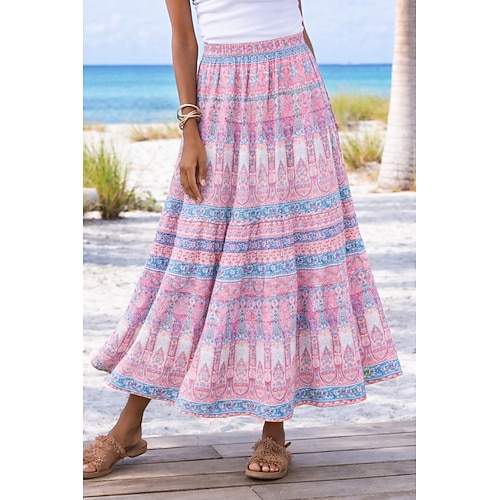 Damen Urlaubsrock Bohemien Vintage Maxi Hohe Taille Röcke Blumen Grafik Tasche Druck Unelastisch Täglich Urlaub Rosa Rote Sommer Image
