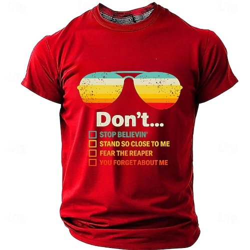 Retro-Sonnenbrille für Herren mit Songtexten wie „Don't Stop Believin'", „Stand So Close", „Fear the Reaper" und „Forget About Me" – T-Shirt-Grafik im Stil der 70er und 80er Jahre, Classic Rock, Image