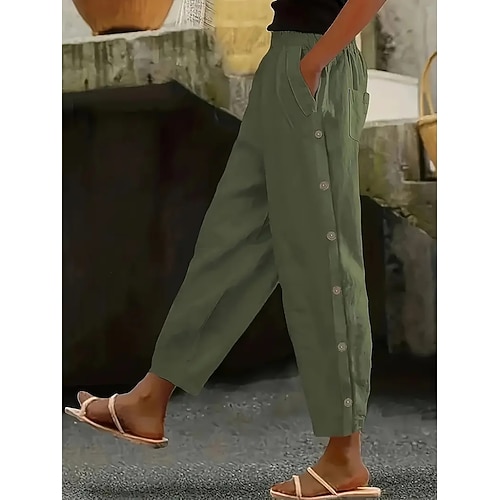 Damen Chinos Gerade Urlaub Streetwear Lässig Knöchellang Mittlere Taillenlinie Einfach Tasche Elastischer Bund Seitenknopf Komfort Atmungsaktiv Mikroelastisch Täglich Outdoor Streetwear Blau Grün Image