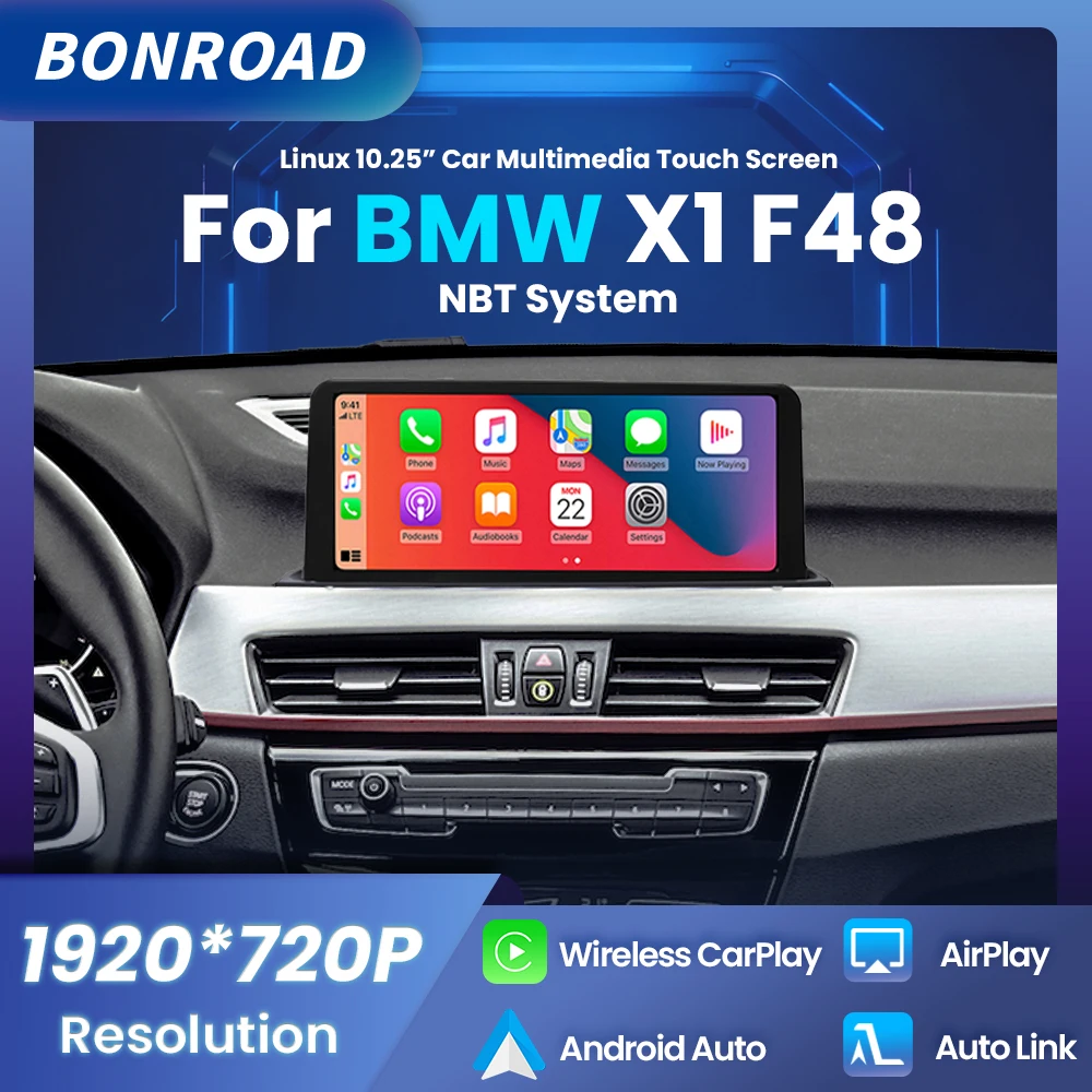 BONROAD Display Multimediale 10.25" 1920*720P Linux con CarPlay Wireless e Android Auto, Autoradio per BMW X1 F48 NBT con Schermo Touch