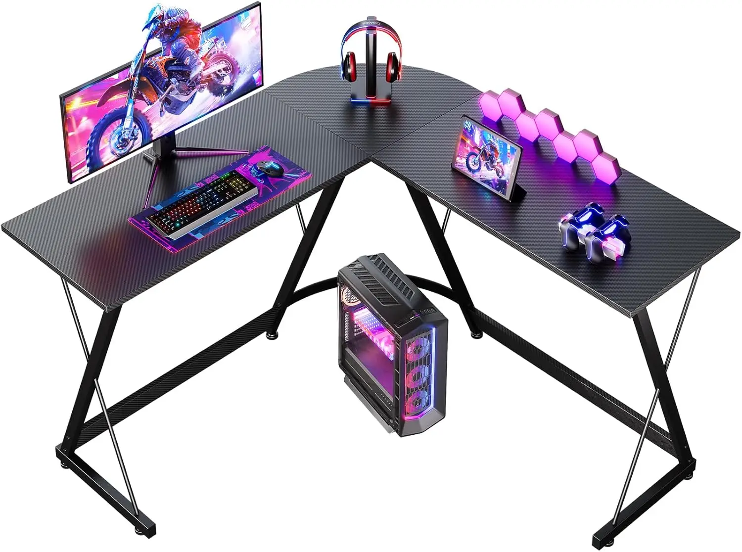 Tavolo da gioco Coleshome 120x120 cm Scrivania da gioco a forma di L in fibra di carbonio stabile nera