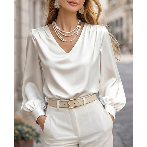 Damen Hemd Satin-Top Bluse Seiden-Oberteile Gerafft Einfach Elegant Stilvoll Basic Langarm V Ausschnitt Normale Oberteile Täglich Ferien Ausgehen Schwarz Weiß Rote Aprikose Frühling Herbst Winter Image