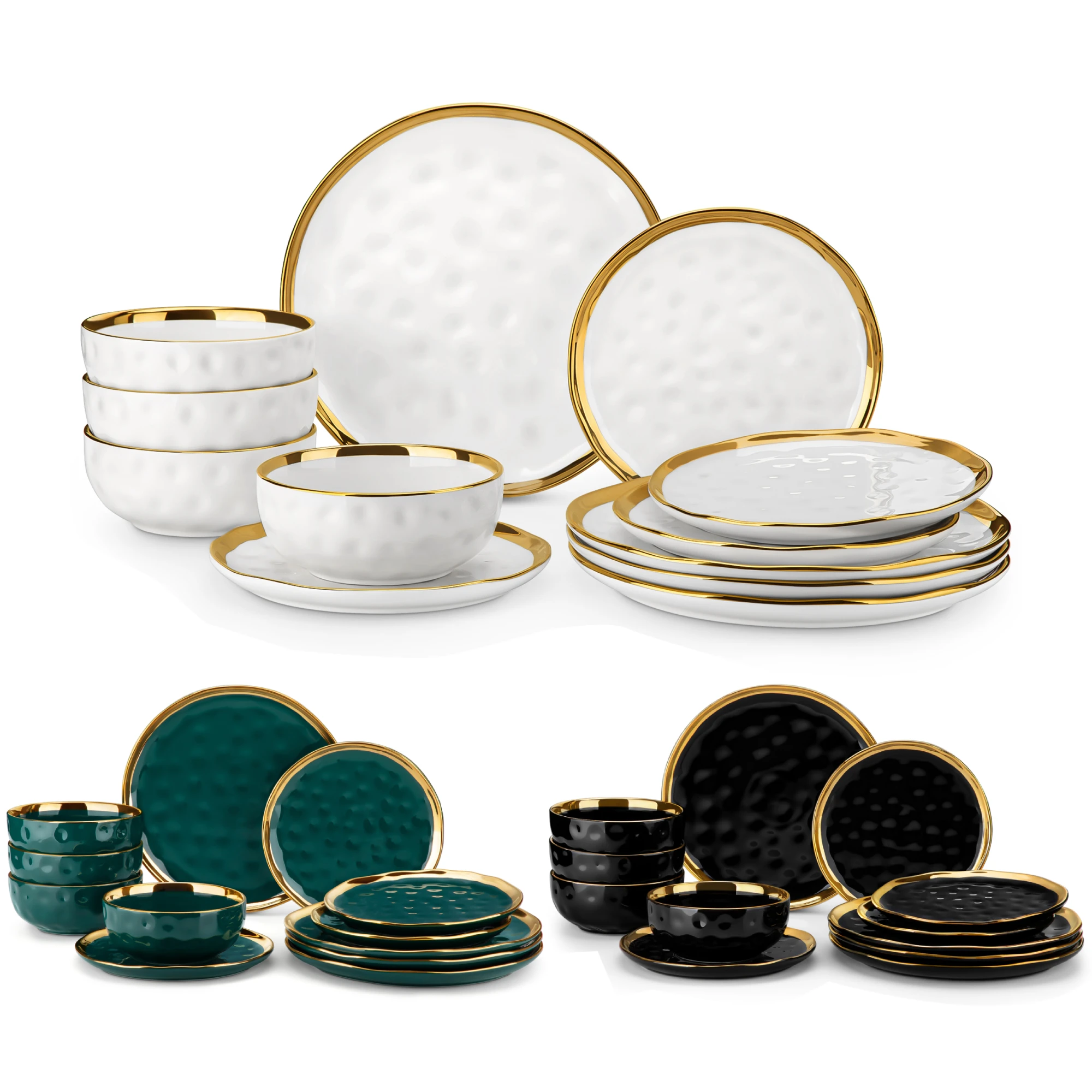 LOVECASA Set di stoviglie in gres da 12/24 pezzi, 3 colori, con 4 piatti da cena, piatti da dessert e ciotole per cereali