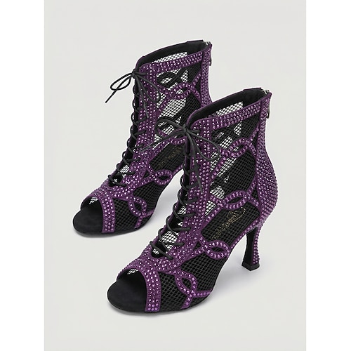 Damen-Lateintanzstiefel mit Strasssteinen, Schnürschuhe aus Mesh mit hohem Absatz für Salsa, Tango und Standardtänze Bühne Image