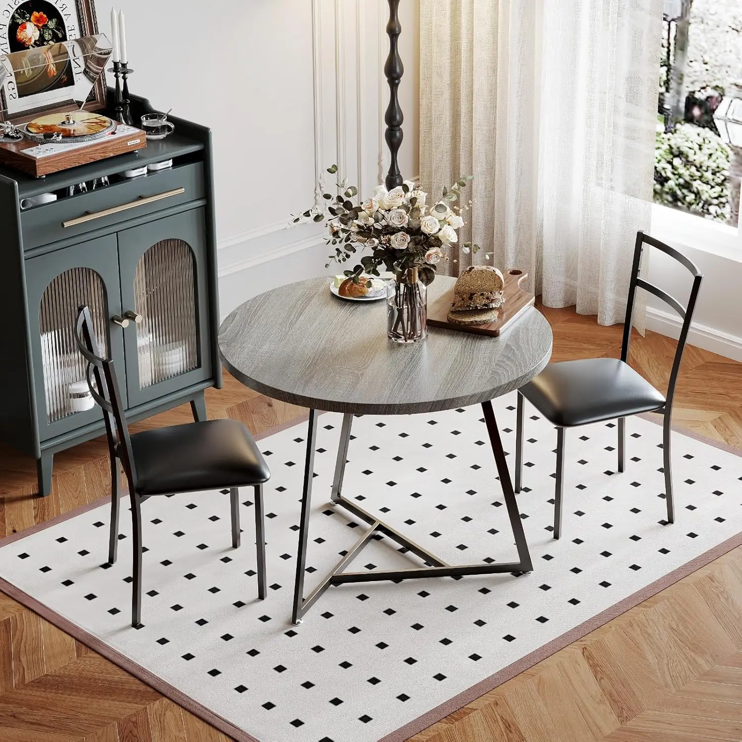 Set da pranzo rotondo a 3 pezzi per 2 persone, tavolo da cucina moderno in legno stile Mid-Century con 2 sedie imbottite e struttura in metallo per il pranzo