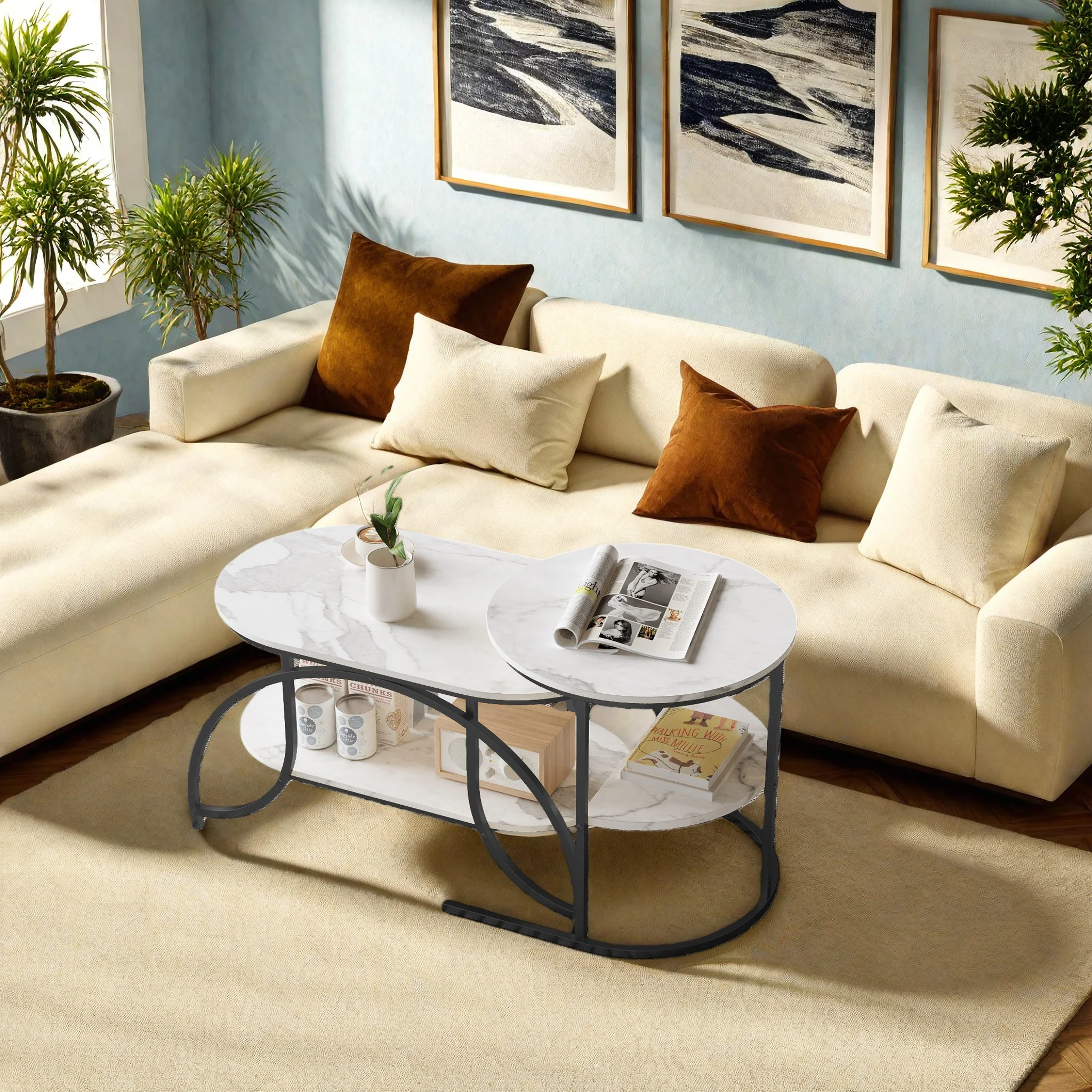 Tavolini da caffè impilabili, set da 2, tavolini da caffè rotondi separati con effetto marmo, tavolini laterali dorati, design moderno, struttura in metallo, per soggiorno, balcone, ufficio, nero