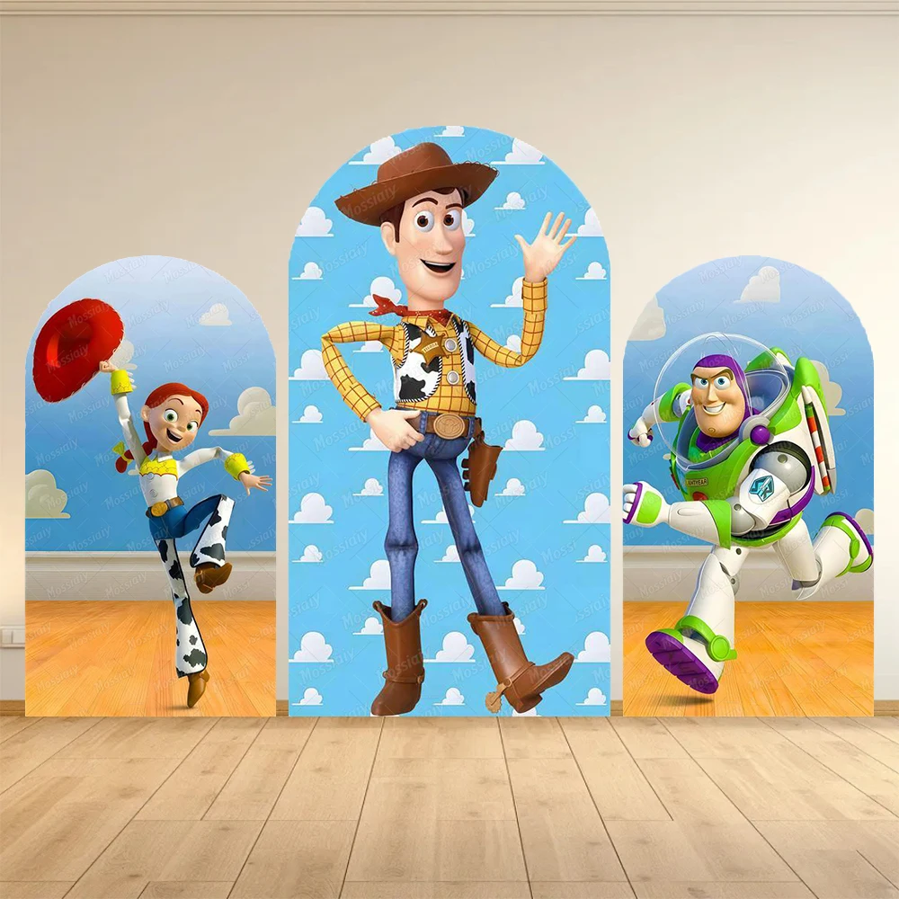 Sfondo per Foto a Tema Toy Story con Arco, Cielo Blu e Nuvole Bianche, Decorazione per Feste di Compleanno per Bambini, Accessori per Foto con Cowboy, Woody e Buzz
