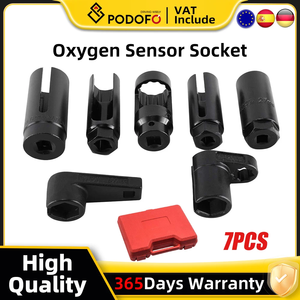 Podofo Kit di Chiavi a Bussola per Sensore Ossigeno 7 Pezzi 22mm 27mm 29mm, Set di Strumenti per Rimozione Sensore Lambda con Bussole Profonde a Fessura Offset