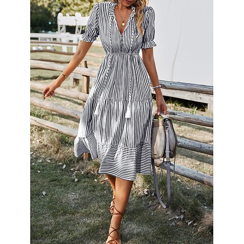 Damen Midikleid Freizeitkleid Schwingkleid Elegant Mode Modern Outdoor Urlaub Ausgehen Normale Passform Gestreift Kurzarm V Ausschnitt Blau Gelb Rosa Grün Sommer Frühling