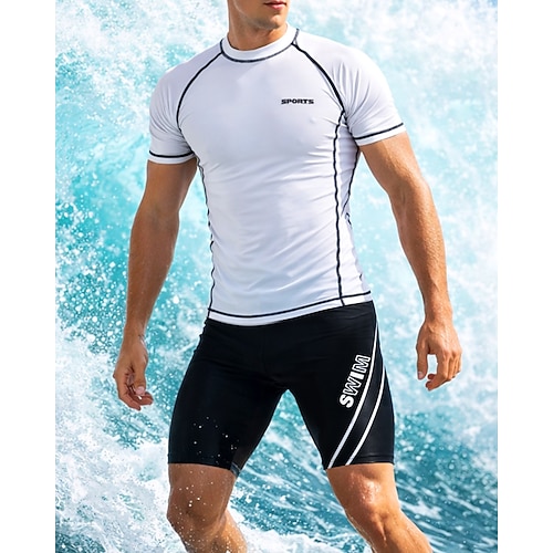 Herren Regulär 2-teiliger Rashguard Surfshirt Badeshorts Patchwork Knielanges Bein UV-Sonnenschutz Schnelltrocknend Atmungsaktiv Kurzarm Bademode Surfen Wassersport Schwimmen Sommer Image