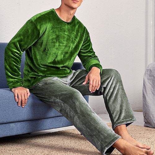 Herren Hausanzug Schlafanzüge Schlafanzug Set Pyjama-Oberteil und Hose 2 Stück Glatt Stilvoll Brautkleider schlicht Komfort Heim Täglich Flanell Komfort Rundhalsausschnitt Langarm Pullover Hose Image