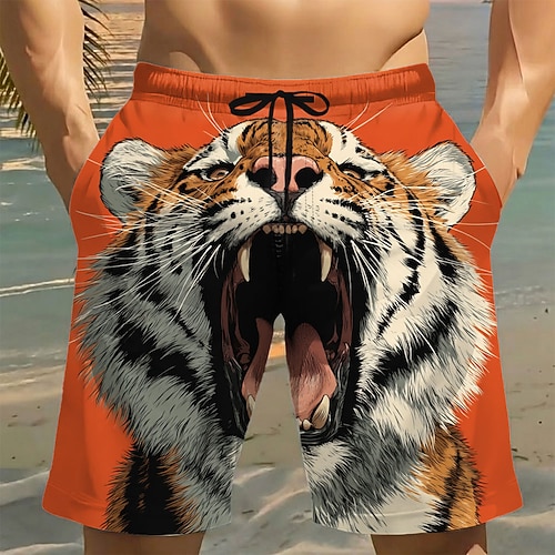 Herren Tiermotiv Löwe Tiger Badehosen Badeanzüge Badeshorts Boardshorts Mittlere Taille Lustig Strandurlaub Seitentaschen Netzfutter Elastischer Kordelzug in der Taille Designer Bekleidung Image
