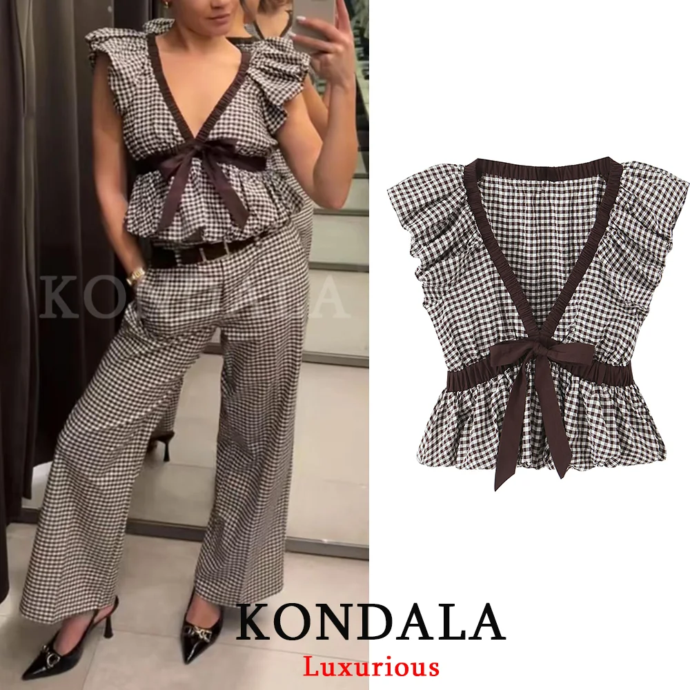 KONDALA Top Casual Chic da Donna, Scollo a V Senza Maniche con Fiocco e Pieghe, Top Corto alla Moda Primavera Estate 2026, Top Femminile Y2K per Vacanze