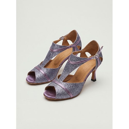 Lila Glitzer-Lateintanzschuhe für Damen, Riemchenschuhe mit offener Zehenpartie und Knöchelriemen zum Üben von Salsa, Tango und Standardtänzen Leistung Image