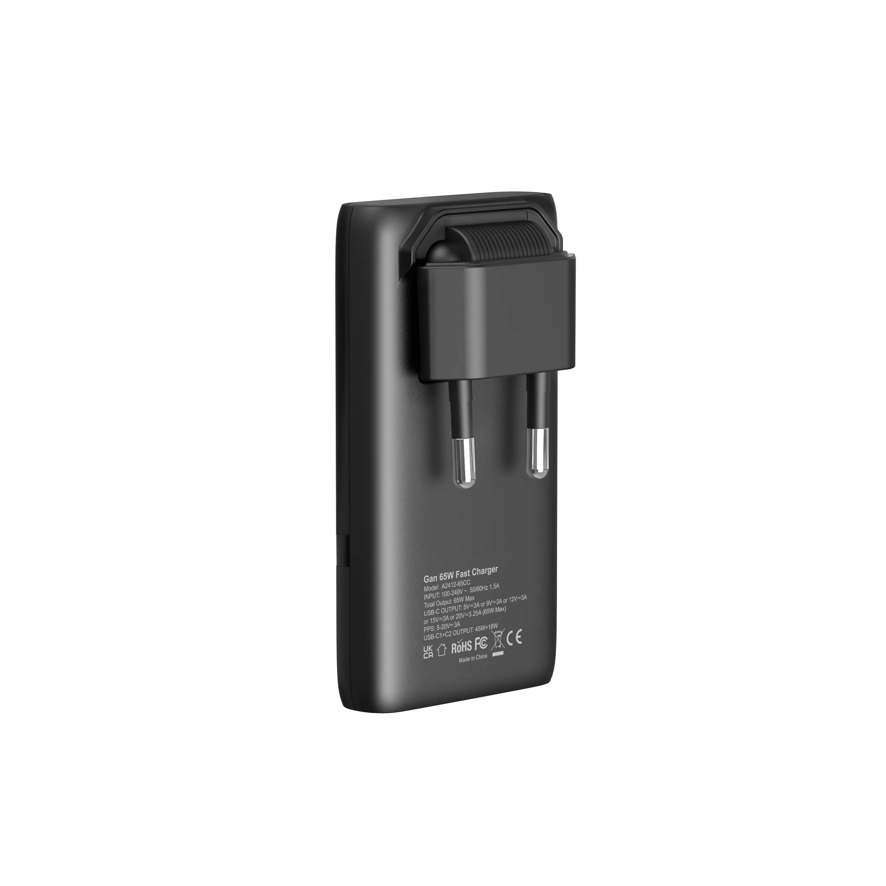 Caricatore USB C GaN da 65W a 2 porte, caricatore da parete piatto con ricarica rapida USB C, spina pieghevole ultrasottile, adatto per cellulari