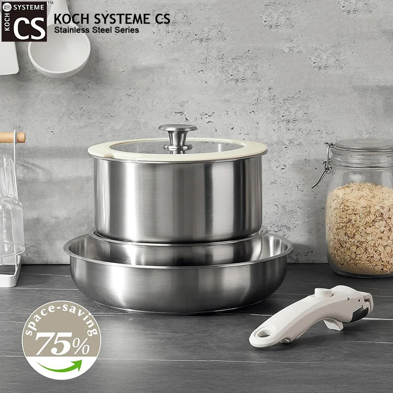 KOCH SYSTEME CS Set di pentole da 7 pezzi 2QT/8 pollici/10 pollici in acciaio inossidabile, set di pentole per stufati, zuppe e padelle con manico rimovibile, pentola da cucina