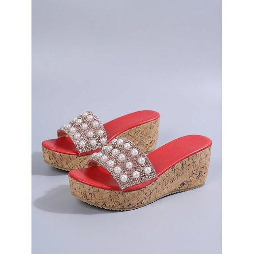 Elegante schwarze Keilsandalen mit Perlenbesatz für Damen – mit Kunstperlen, ideal für Kreuzfahrten und Abendpartys an Deck. Luxus-Resortbekleidung Image