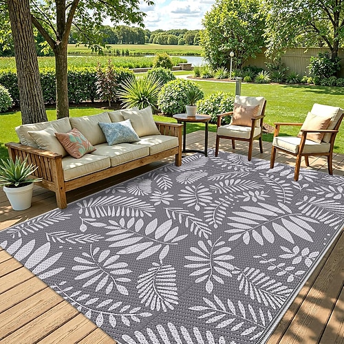 Wasserdichter Outdoor-Teppich 152 x 244 cm, wendbarer Kunststoffteppich, moderner Teppich, große Fußmatte für den Außenbereich, Wohnmobil, Terrasse, Garten, Balkon, Picknick, Strand, Camping, grau Image