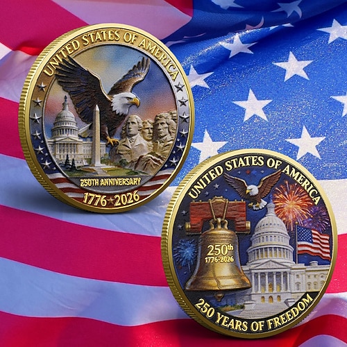 Gedenkmünze zum 250. Jahrestag der Unabhängigkeit der USA, patriotische Medaille (1776–2026) mit Weißkopfseeadler, Mount Rushmore und Freiheitsglocke Feuerwerk, historisches Sammlerstück, Geschenk Image