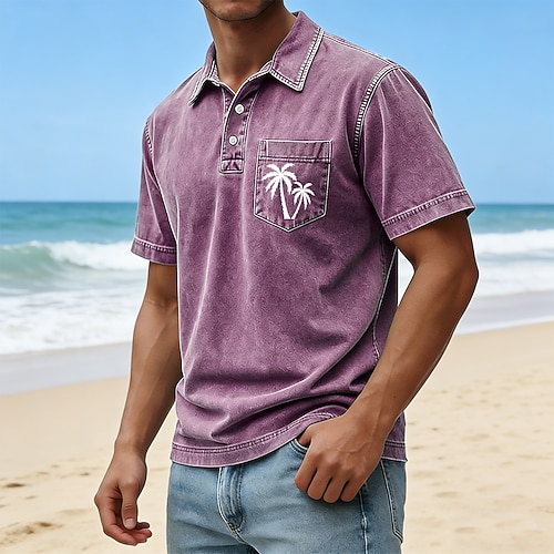 SoftFade™ Herren Palmen Acid Wash Shirt 100% Baumwolle Kurzarm Poloshirts Kragen Hawaiian Freizeit Urlaub Kleidung Tasche 3D-Druck Knöpfe Frühling Sommer Blau Rot Grün Image