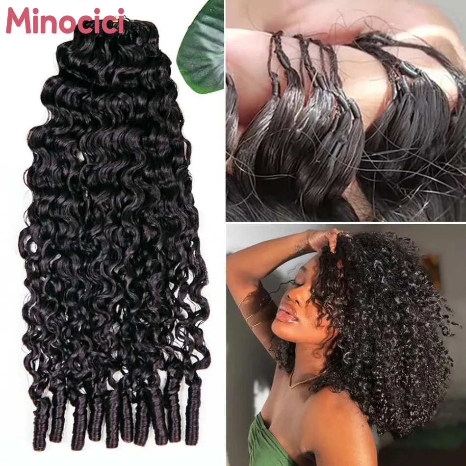 Extensioni di capelli umani ricci birmani all'uncinetto, pre-annodate, invisibili, riutilizzabili, senza nodi, effetto onda d'acqua