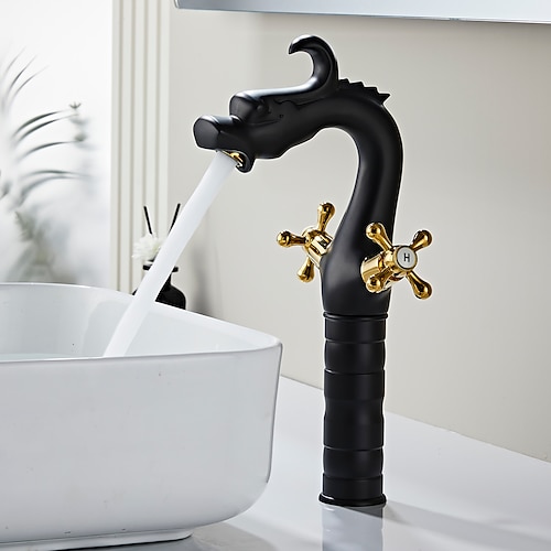 Waschtischarmatur, schwarz, Wasserfall-Design, geöltes Messing, Einloch-Mischbatterie, Retro-Küchenarmatur, schwarzes Drachenmotiv, Waschtischarmatur, Kalt- und Warmwasserarmatur, Stahl Image