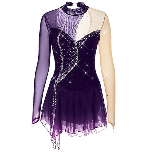 Eiskunstlaufkleid Damen Eislaufen Kleid Marineblau Gelb Dunkellila Patchwork Offener Rücken Dehnbar Training Wettbewerb Eiskunstlaufkleidung Klassisch Kristall / Strass Langarm Eislaufen Eiskundstlauf Image