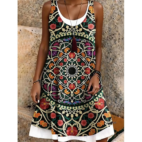 Damen Knielanges Kleid Sommerkleid T-Shirt-Kleid A Linie Kleid Urlaub Lässig Boho Normale Passform Grafik Geometrisch Ärmellos U-Ausschnitt Schwarz Rote Sommer Frühling Image