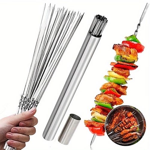 51-teiliges Grillspieß-Set aus Edelstahl mit röhrenförmigem Aufbewahrungsgestell, wiederverwendbaren Grillspießen, flachen Camping-Grillgabeln, Kochutensilien für Outdoor- und Picknickküche, Image