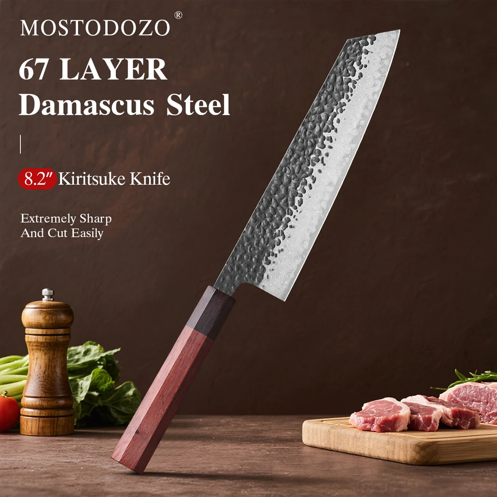 Coltello da Chef Kiritsuke MOSTODOZO 8.2 Pollici, Coltello Professionale Giapponese Forgiato a Mano in Acciaio Damascato, Utensile da Cucina per Carne
