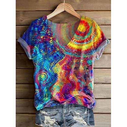 Damen T Shirt Druck Ombre Blumen Grafik Vintage Stilvoll Klassisch Kurzarm V Ausschnitt Normale Oberteile Täglich Wochenende Blau Gelb Grün Regenbogen Sommer Frühling Image